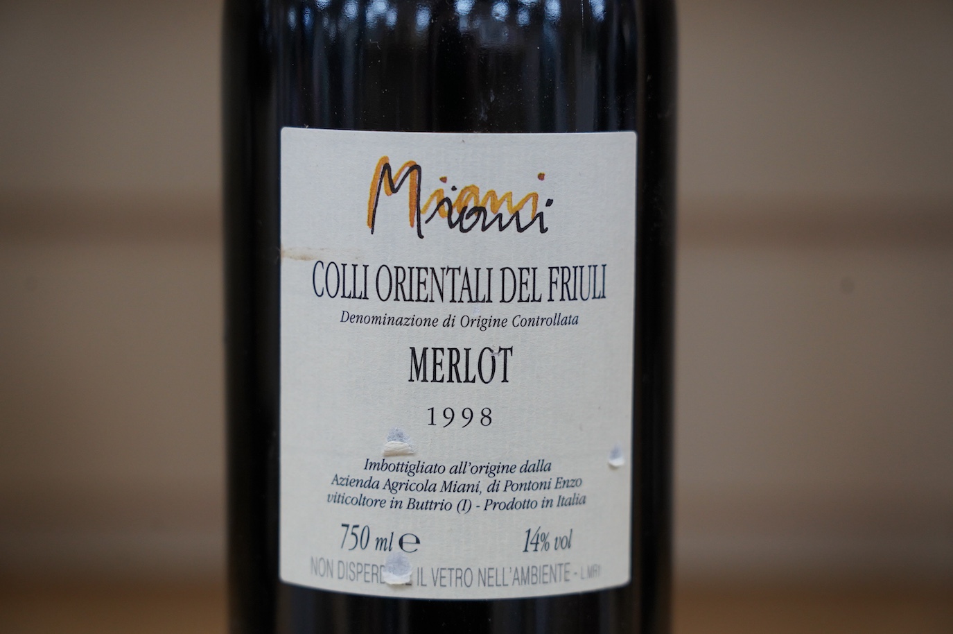 A bottle of Miani Colli Orientali Del Friuli Merlot, 1998. Condition - fair to good